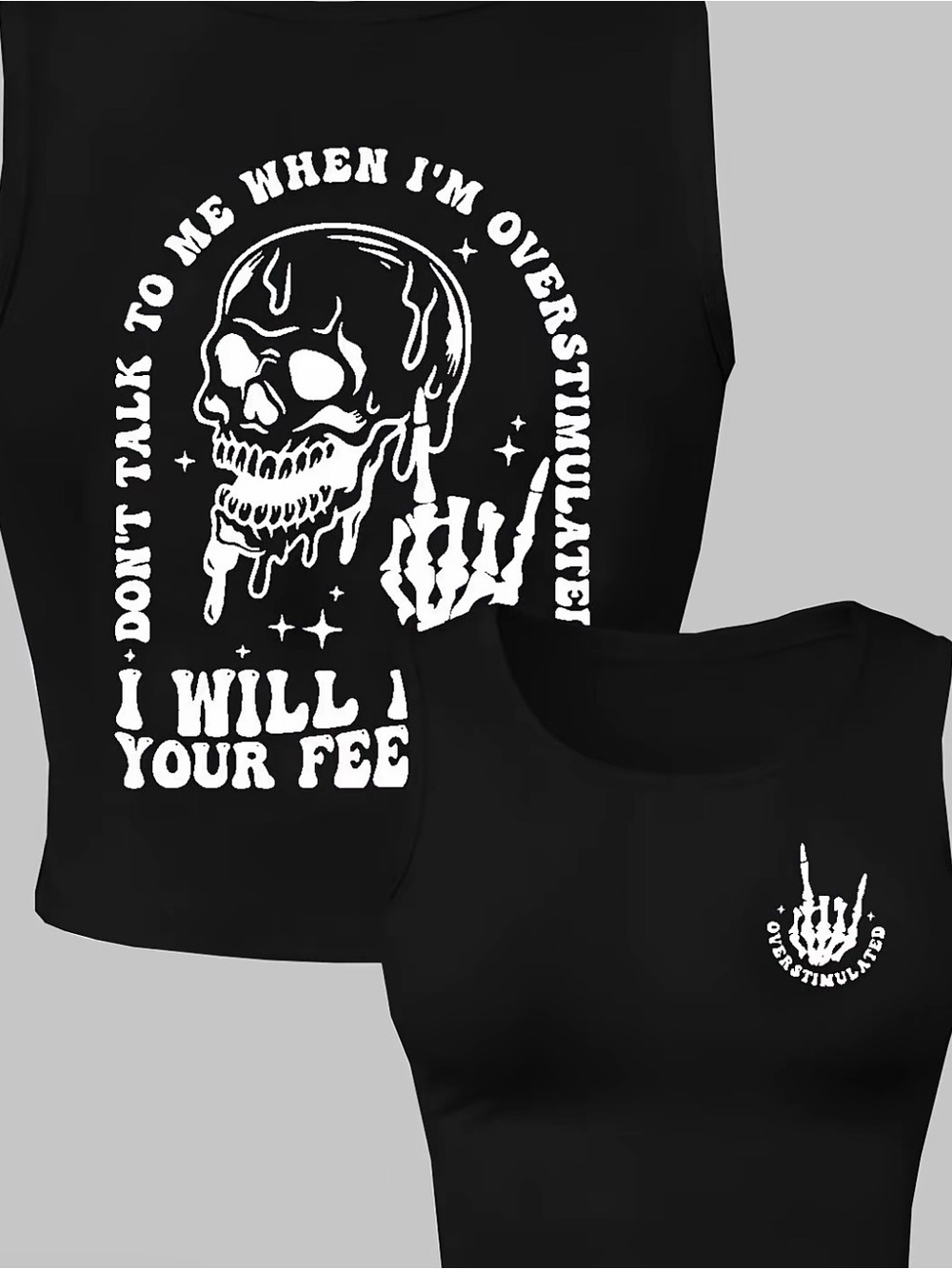 Black Graphic Tank Top with White Dripping Skull